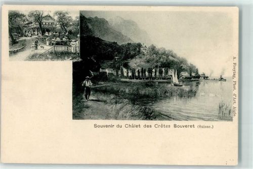 1897 Bouveret - Chalet des Cretes Segelboot Dampfer Hund Mann Sense Kind Frau