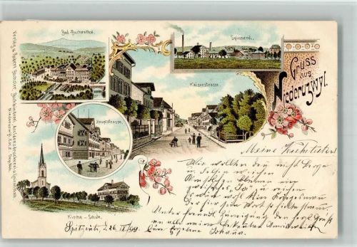9244 Niederuzwil 1899 BOAKC Bad Buchenthal Spinnerei Kaiserstraße Hauptstraße Kirche Schule Lithographie