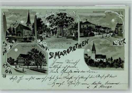 9430 St. Margrethen SG 1900 BOAKC Ref. Kirche Bahnhofstrasse Gasthaus zum Bad Kath. Kirche Lithographie