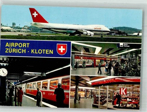 8302 Kloten Foto AK Flugzeug Boeing 747-200 Swissair Bahnhof Einkaufspassage