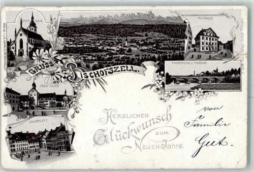 9220 Bischofszell 1901 Karte beschädigt Gruss aus Lithographie Kirche Stiftskirche Rathaus AK