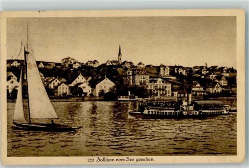 8702 Zollikon Gebrauchsspuren Raddampfer Speer Segelboot Zürichsee Bahnpost Zug 3430