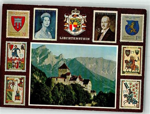 Vaduz Briefmarkenabbildungen Fürst Franz Josef II Fürstin Gina Staatswappen Schloss Adel Liechtenstein
