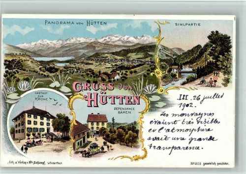 8825 Hütten BOAKC Lithographie Sihl Gasthaus Zur Krone Dependance Bären Postkutsche Verlag Schlumpf Nr 203