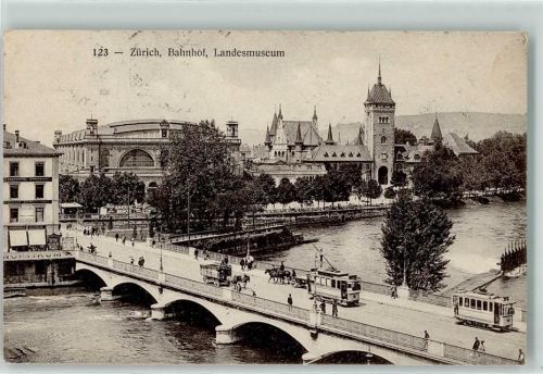 8000 Zürich 1911 - Bahnhof Bahnhofbrücke Straßenbahnen Landesmuseum