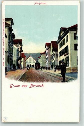 9442 Berneck Lithographie Neugasse Straßenbahn