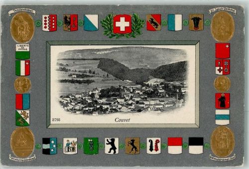 2108 Couvet 1907 Prägedruck Wappen Telldenkmal Winkelrieddenkmal Nationaldenkmal Genf St. Jakob Denkmal Lithographie