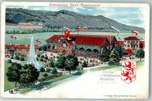8000 Zürich Gebrauchsspuren sign Hüttinger Kantonalschützenfest 1902 Wappen Lithographie Verlag Schlumpf