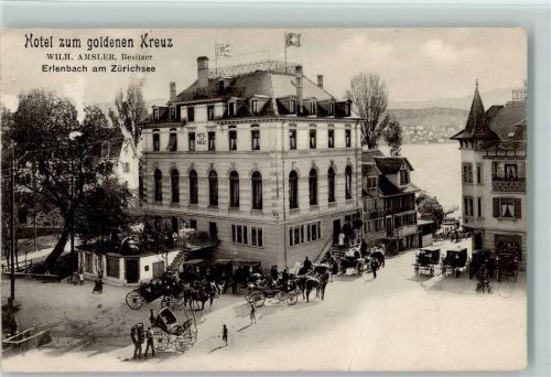 8703 Erlenbach ZH Gebrauchsspuren 1906 Hotel zum goldenen Kreuz Pferdekutschen