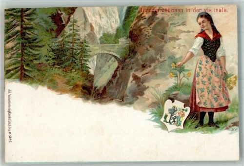 Lithographie Tracht Bündnermädchen Wappen