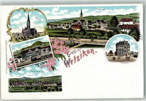 8620 Wetzikon ZH Gebrauchsspuren Lithographie Volksbank Kirche Hotel Schweizerhof leicht beschnitten