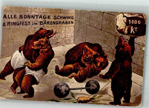 3000 Bern Berne 1912 Gebrauchsspuren Bären beim sportlichen Wettkampf Tiere vermenschlicht Künstlerkarte