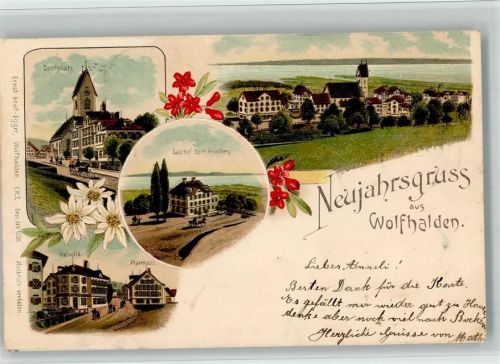 9427 Wolfhalden 1900 BOAKC Lithographie Dorfplatz Helvetia Pfarrhaus Gasthaus Zum Friedberg Glückwunsch Neujahr Verlag Künzli Nr 1528