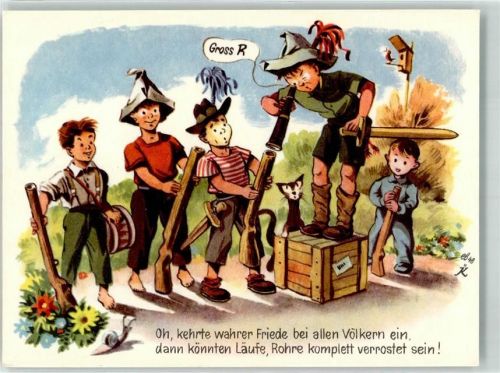 8887 Mels Künstlerkarte Antikriegsmotiv Kinder spielen mit Waffen sign. eb48 K Aktion Weisstannental