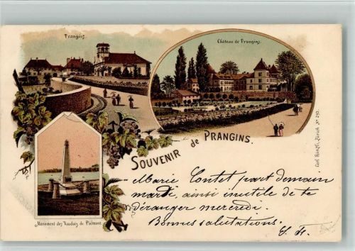 1197 Prangins 1898 BOAKC Lithographie Schloss Chateau Monument des Vaudois du Piemont Verlag Künzli Nr 293