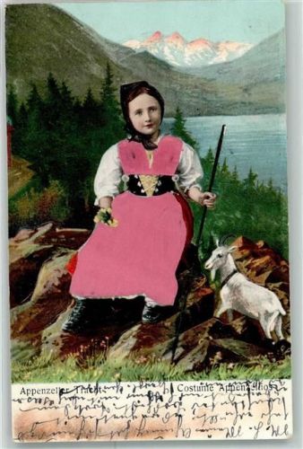 1905 Prägedruck mit echter Stoff Applikation Kind mit einer Ziege AK