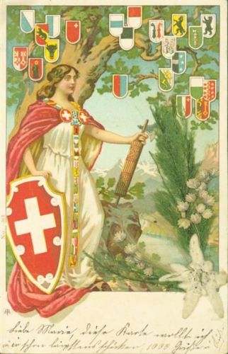 Mittelbug vom Schild bis zum Edelweiß Helvetia AK mit gepresstem Edelweiß