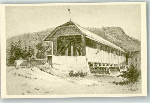 3123 Belp Künstlerkarte Hunzikenbrücke Holzbrücke sig. Mäder
