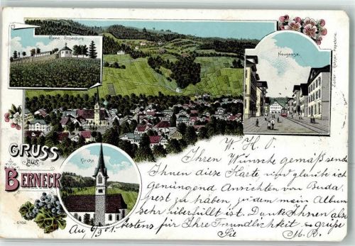 9442 Berneck Gebrauchsspuren Ruine Rosenburg Neugasse Kirche Lithographie