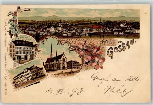 9200 Gossau SG 1898 Lithographie Hotel Zum Ochsen Hotel Bahnhof Schutzengel Kirche Schulhaus