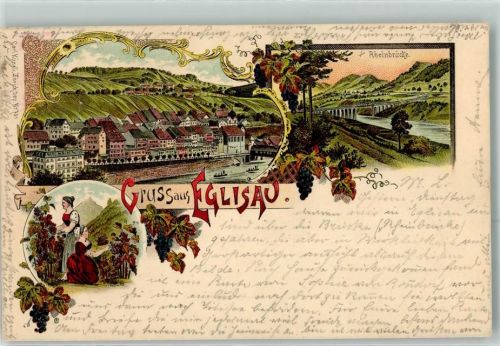 8193 Eglisau 1897 Lithographie Rheinbrücke Weinlese Verlag Künzli Nr 751