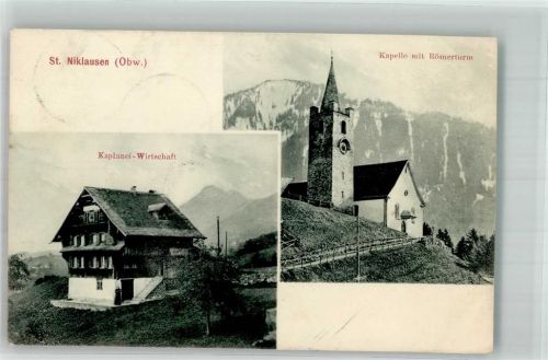 6066 St. Niklausen OW 1912 Foto AK Kirche Kapelle mit Römerturm Kaplanei Gasthaus