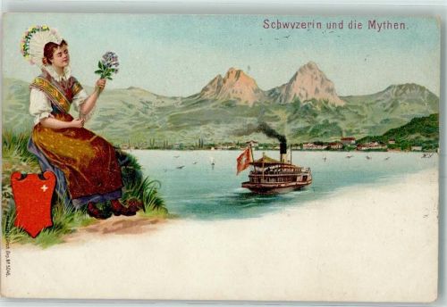 Lithographie Schwyzerin Dampfer Mythen