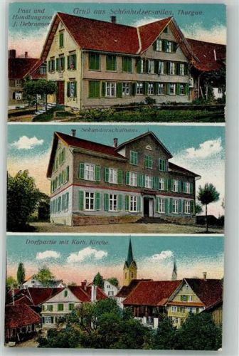 8577 Schönholzerswilen Foto AK Postamt Handlung Sekundarschulhaus Kath. Kirche