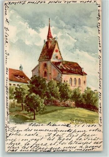St Chrischona 1900 Lithographie Kirche sign. Jacob