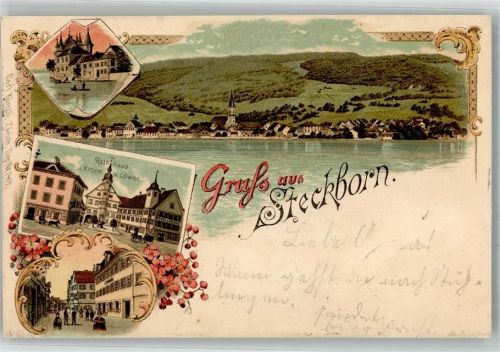 8266 Steckborn 1899 Lithographie Rathaus Gasthaus zur Krone u. Löwen Carl Künzli Dep. No. 1419