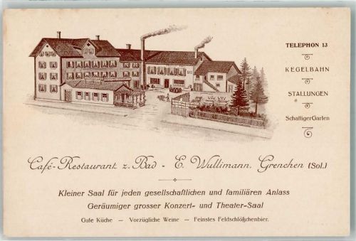 2540 Grenchen Lithographie Cafe Gasthaus Zum Bad E. Wullimann