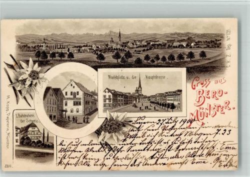 6215 Beromünster 1900 BOAKC Lithographie Marktplatz Hauptstraße 1. Buchdruckerei der Schweiz Verlag Künzli Nr 1729
