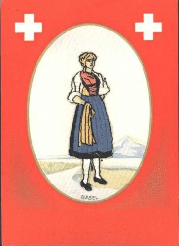 4000 Basel Bâle - Trachtenapplikation aus Stoff montiert auf AK