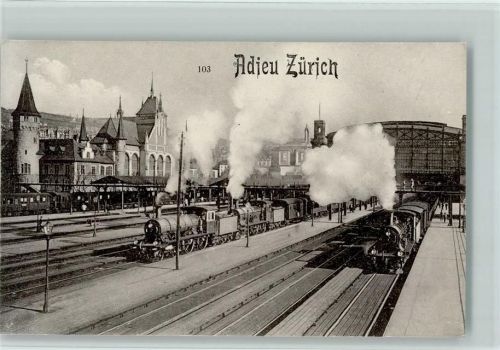 Zürich Nr. 103 Adieu Zürich - Bahnhof mit Eisenbahnen AK Bahnhof Schweiz