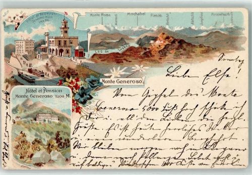 Monte Generoso 1897 Lithographie Hotel Pension Gasthaus 1209 m Bergbahn Monte Rosa Lac de Lugano Blumen