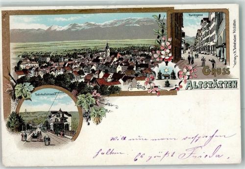 9450 Altstätten SG 1902 Lithographie Bahnhofstrasse Marktgasse