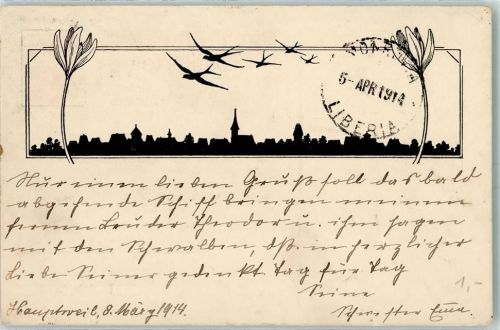 9213 Hauptwil 1914 - Schwalben über Stadtkulisse Ort handschriftlich