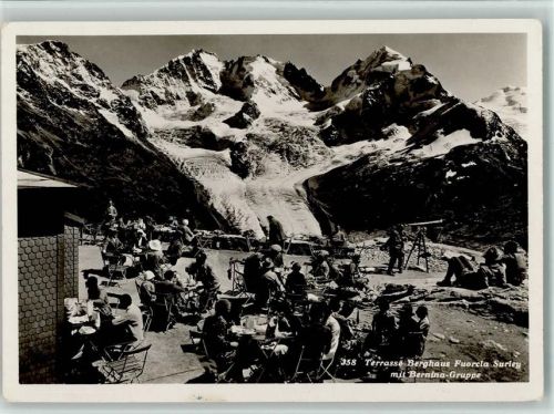 Fuorcla Surlej - Berghaus Fuorcla Surley Terrasse mit Bernina-Gruppe Fernrohr