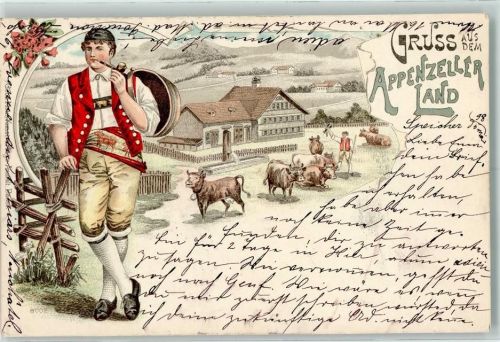 1898 Lithographie Kuhhirte Kühe Kuhglocke Pfeife