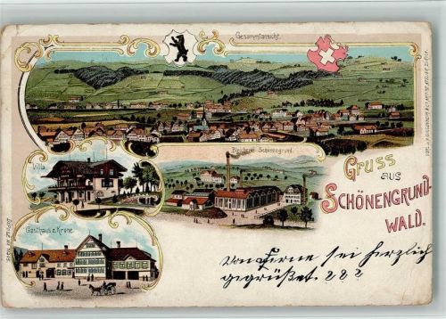 9105 Wald-Schönengrund BOAKC Lithographie Villa Gasthaus Zur Krone Bleicherei Schönengrund Gebrauchsspuren, bitte Scan genau beachten!