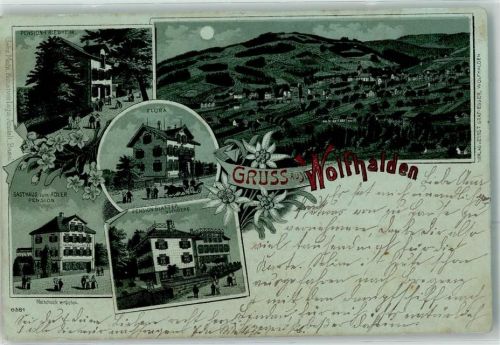 9427 Wolfhalden 1900 Lithographie / Mondschein Pension Friedheim Flora Gasthauf Pension Zum Adler Pension Blatter Lindberg