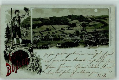 9055 Bühler 1900 Gebrauchsspuren Kuhhirte Kühe Lithographie-Mondschein