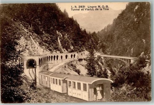 1658 Rossinière Foto AK Bergbahn Tunnel und Viaduct de la Tine