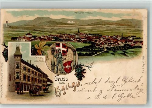 8215 Hallau 1900 BOAKC Lithographie Hotel Falken Ritter Kutsche Verlag Künzli Nr 2168