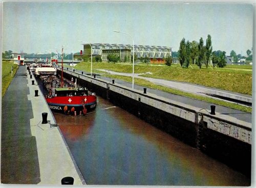 4127 Birsfelden Foto AK Schleuse Kraftwerksanlagen Frachtschiff Veronica