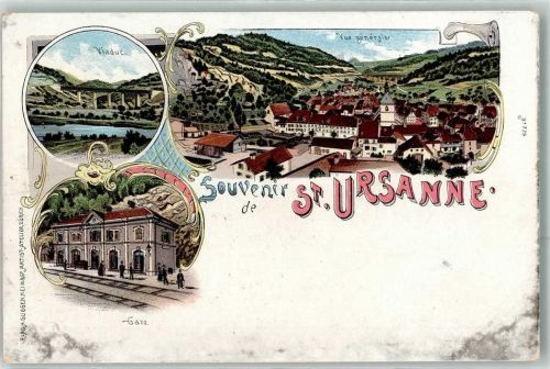 2882 St-Ursanne Lithographie Viadukt Gare Bahnhof