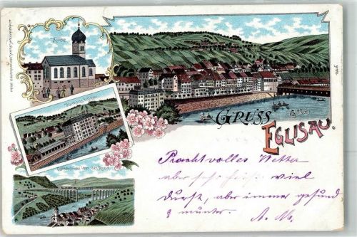 8193 Eglisau 1899 Lithographie Kirche Kurhaus Elsterbahnhrücke Rhein Eisenbahn