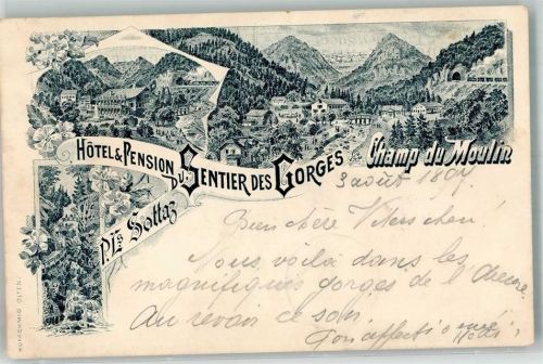 2149 Champ-du-Moulin 1897 Lithographie Hotel du Sentier des Gorges Vorläufer