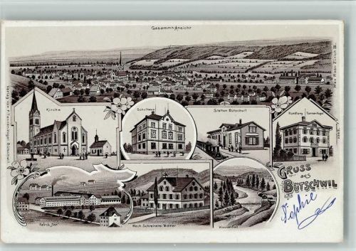 9606 Bütschwil 1901 BOAKC Lithographie Fabrik Sor Mech. Schreinerei Widmer Wasserfall Handlung Tanner-Vogel Station Bahnhof Schulhaus Kirche Großer Bug Gebrauchsspuren, bitte Scan genau beachten!