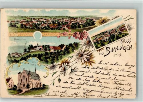 4102 Binningen 1902 BOAKC Lithographie Margrethen Kath. Kirche Unterdorf Mittelbug Verlag Künzli Nr 1131 Gebrauchsspuren, bitte Scan genau beachten!